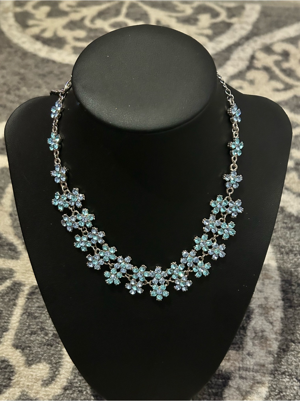 Silver-Tone Aqua Floral Crystal Necklace - Women Jewelry